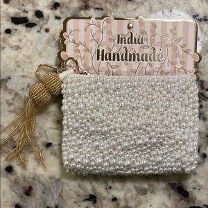 Pearl-Embellished White Beaded Pouch